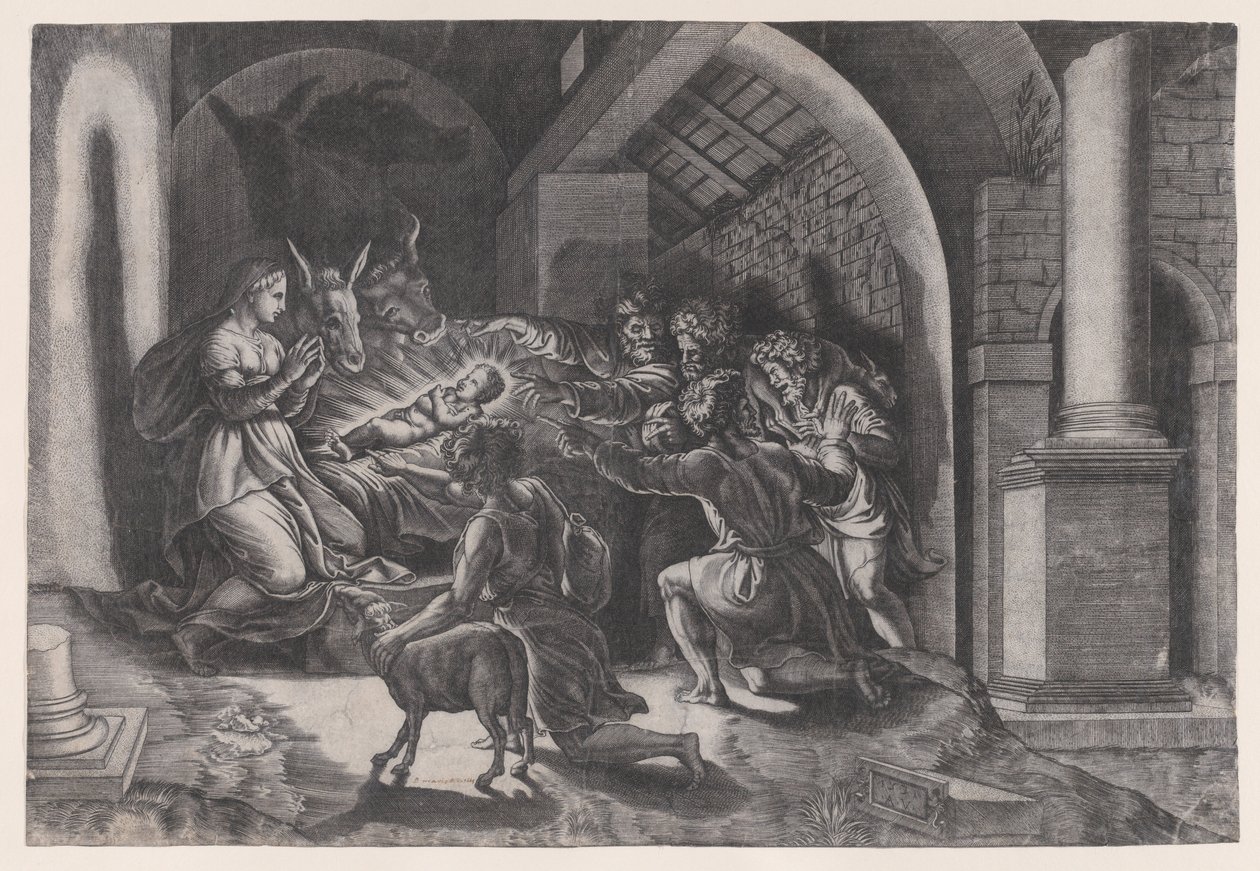 Fødselen, dateret 1531. af Agostino Veneziano