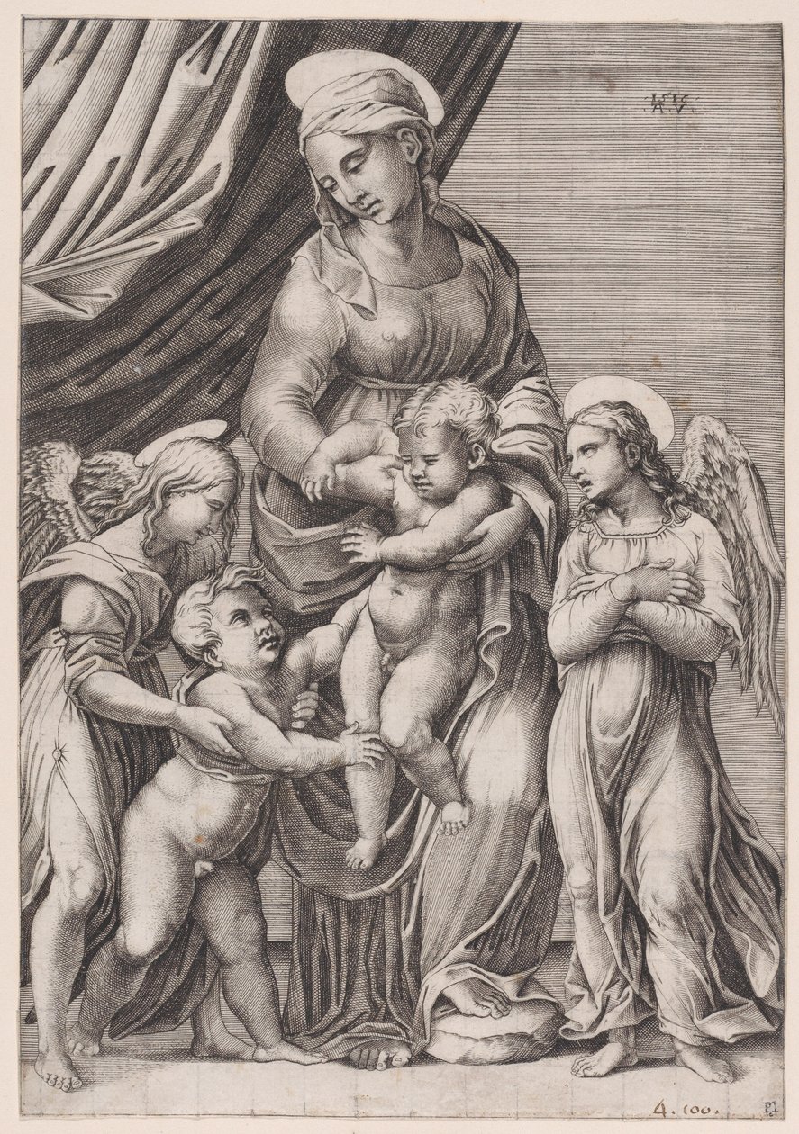 Jomfruen, spædbarnet Kristus, spædbarnet Sankt Johannes og to engle, dateret 1516. af Agostino Veneziano