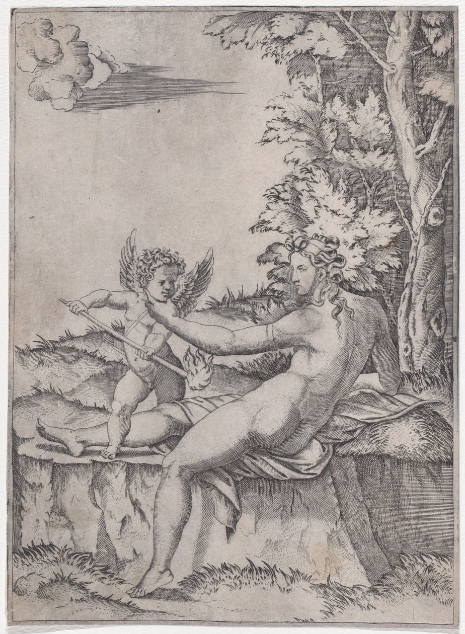 Venus og Eros, ca. 1514-36. af Agostino Veneziano