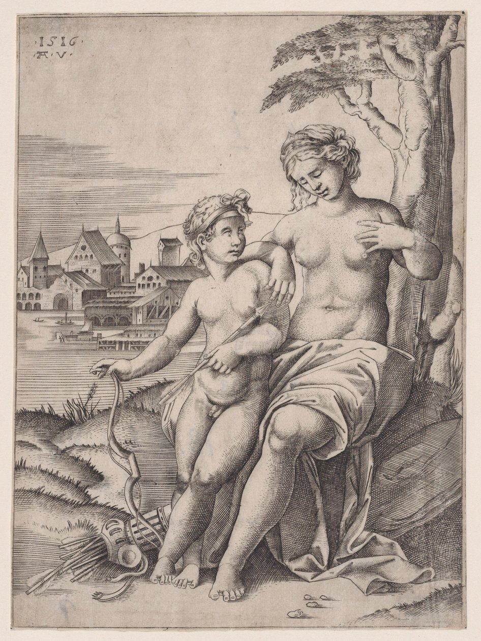 Venus og Eros, dateret 1516. af Agostino Veneziano