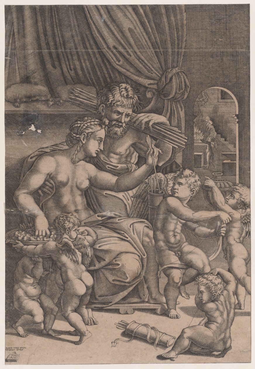 Venus og Vulcan omgivet af amoriner, dateret 1530. af Agostino Veneziano