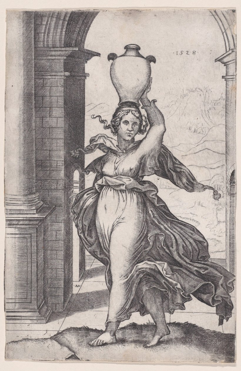 Kvinde med en vase på hovedet, dateret 1528., dateret 1528. af Agostino Veneziano
