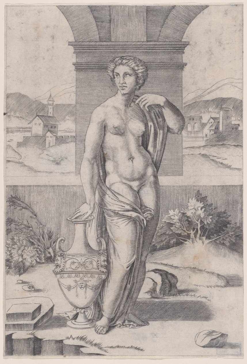 Kvinde stående nær en vase, ca. 1514-36. af Agostino Veneziano