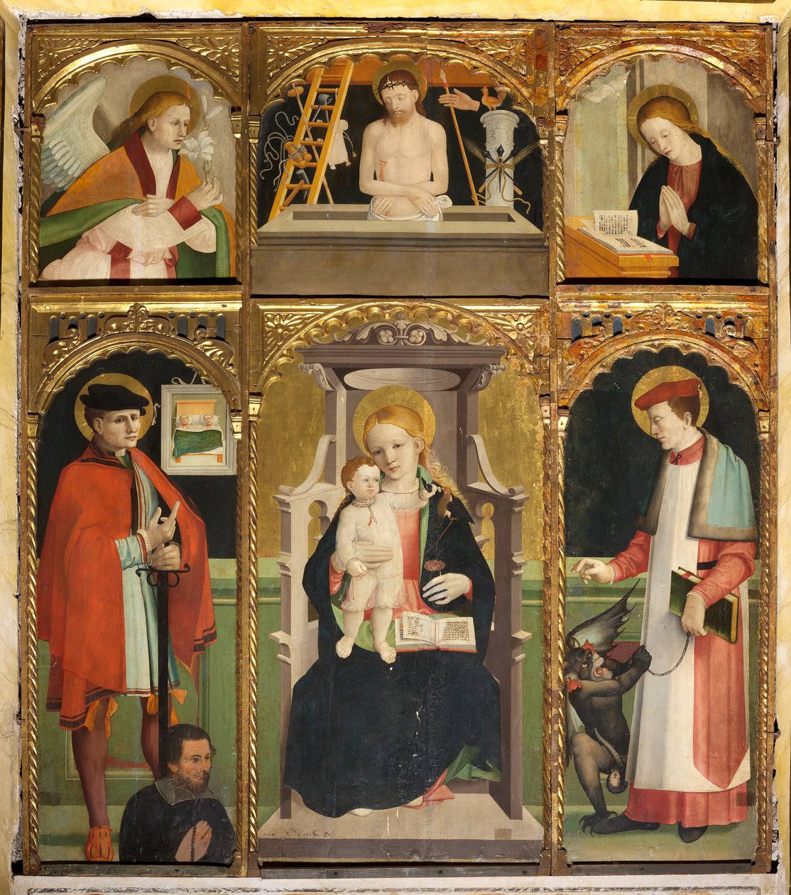 Polyptyk af Madonna og barnet med helgenerne Julian og Bernard af Agostino da Casanova