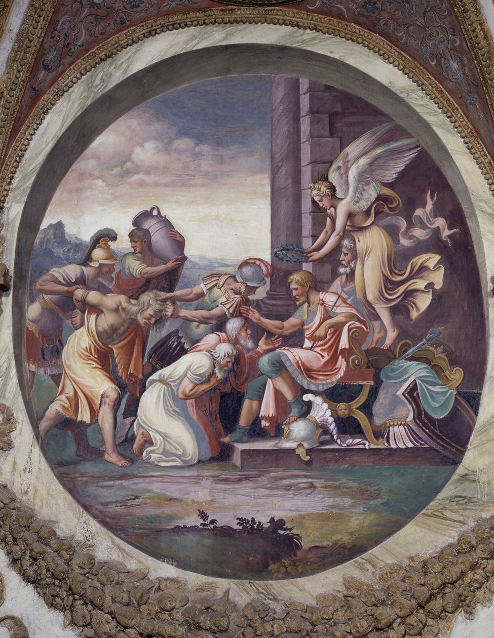 Vandmandens tegn (Ørnens stjernebillede): Triumfscene med krigens store dyder. Fresko af Agostino da Mozzanega (aktiv fra 1527-1539) 1528. Vindenes hal (eller Zodiakens hal) Palazzo del Te, Mantua (Mantova) af Agostino da Mozzanega