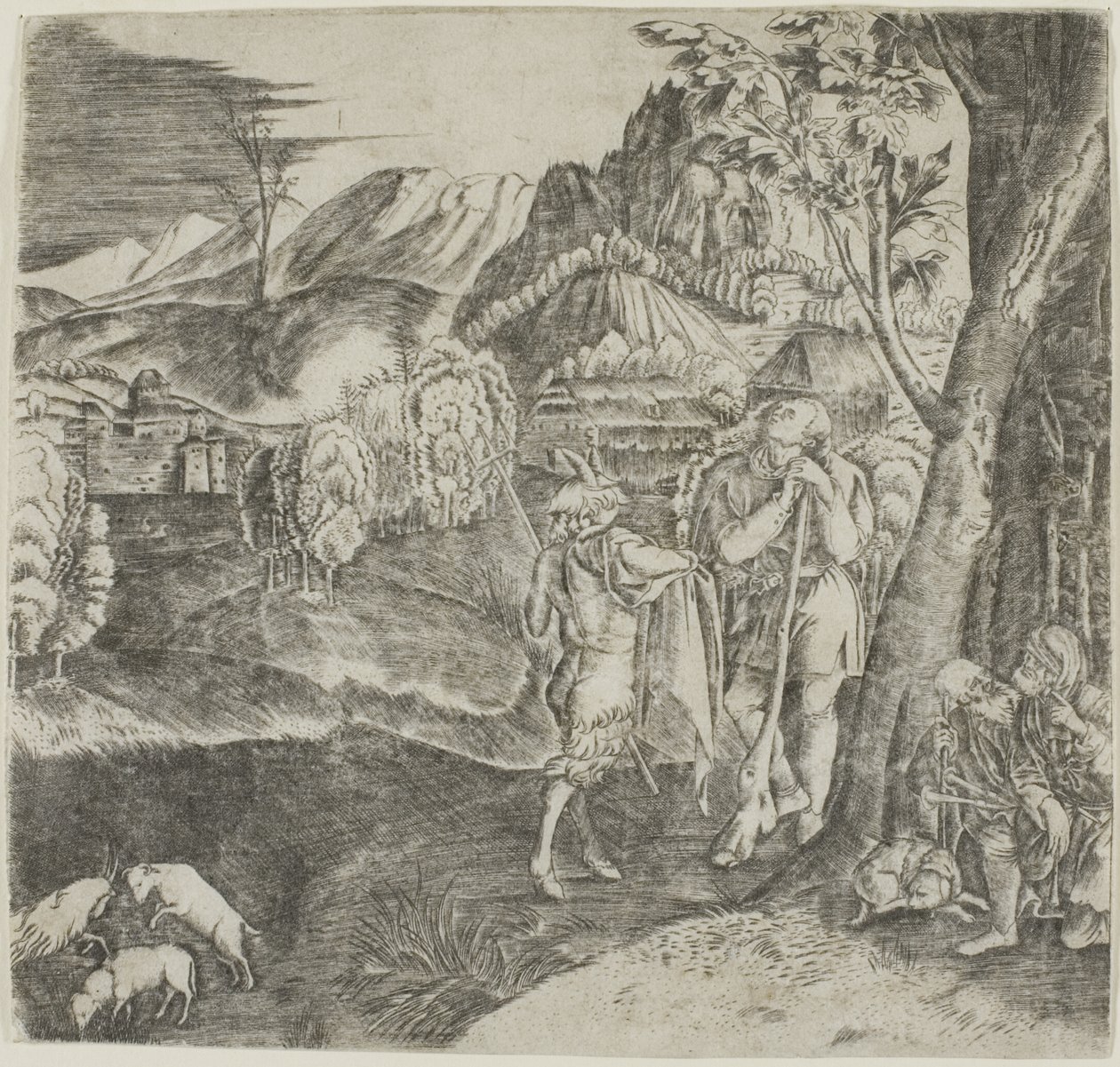 Hyrder og satyr i et landskab af Agostino dei Musi