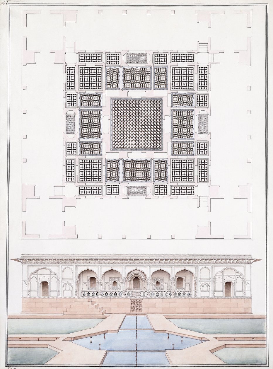 Højde af sydfronten og havepaladset i Suraj Bhawan ved Dig, ca. 1830 (blyant, pen og gråt blæk og akvarel) af Agra School