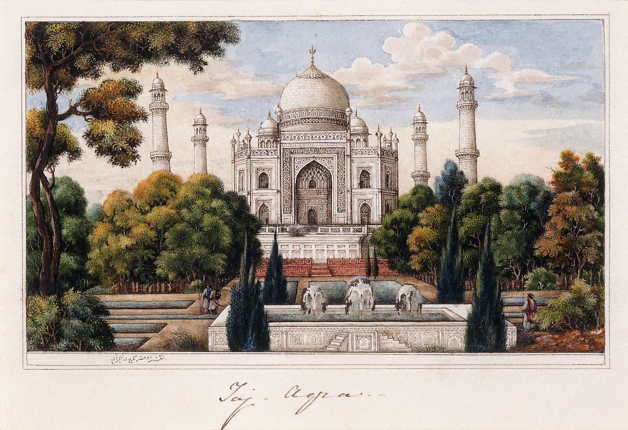 Taj Mahal fra haven, ca. 1840 (pen og gråt blæk, w/c, forhøjet med strejf af hvidt,) af Agra School