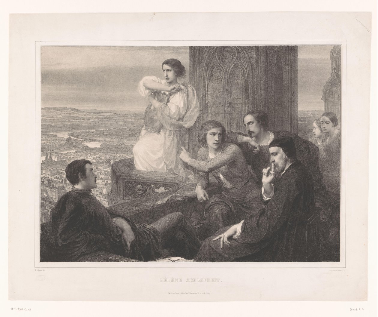 Hélène med Adelsfreits lyre og andre figurer på et tårn Helene Adelsfreit (titel på objekt) af Aimé de Lemud