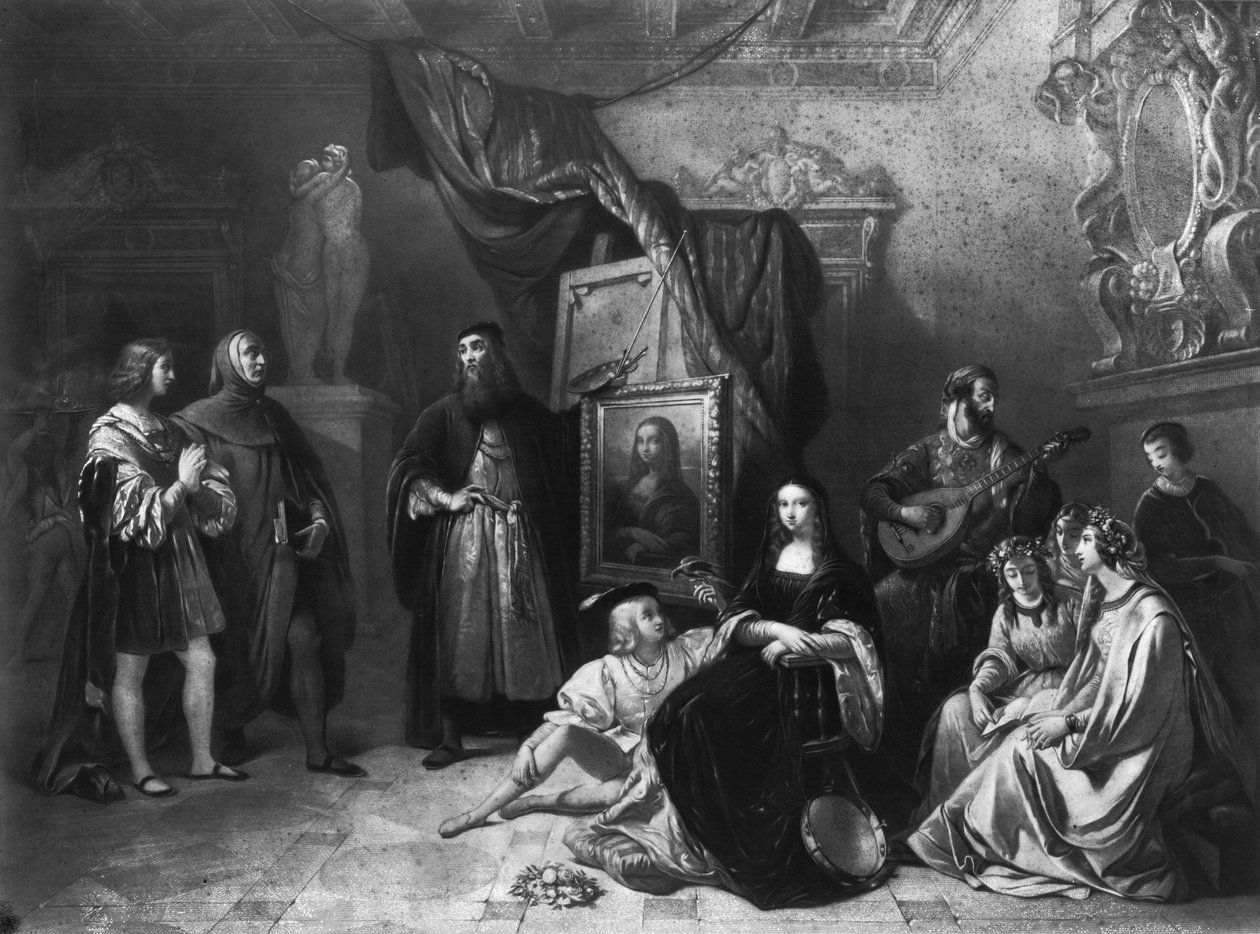 Leonardo da Vinci (1452-1519) malende Gioconda, graveret af Lemoine, 1845 af Aimee Brune