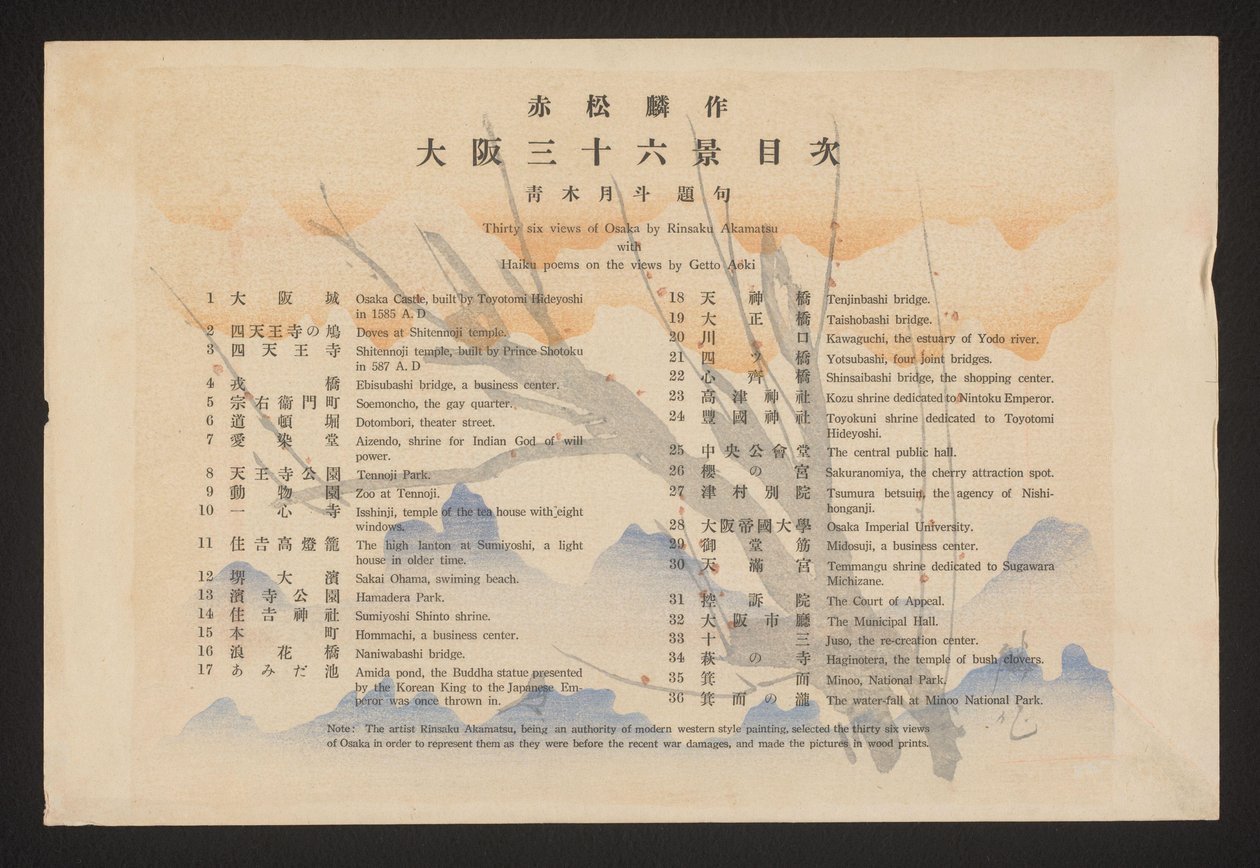 Indeks 36 visninger af Osaka af Rinsaku Akamatsu med Haiku-digte om synspunkter af Getto Aoki (titel på objekt) Seksogtredive ansigter af Osaka (serietitel) Ôsaka sanjûrokkei (serietitel på objekt) af Akamatsu Rinsaku