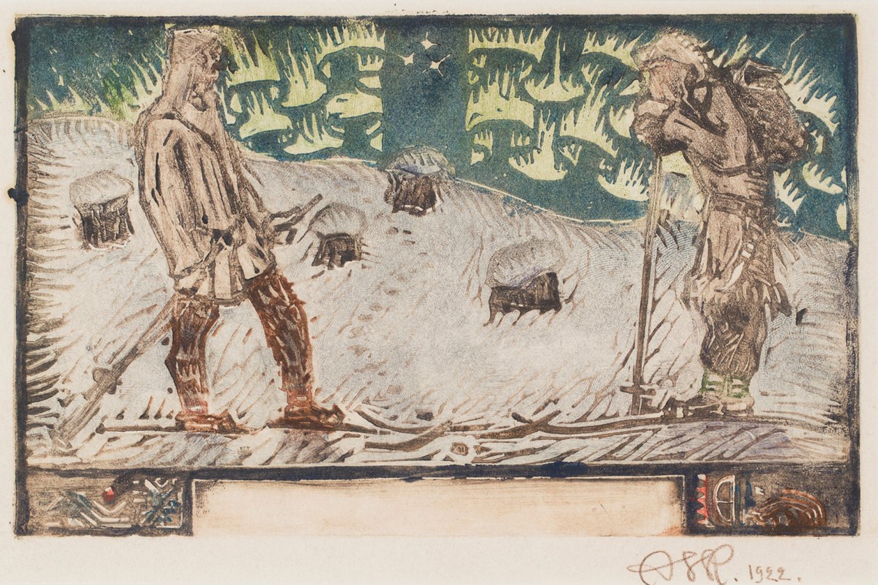 »To skiløbere«, titelillustration til et digt i »Den store Kalevala« af Akseli Gallen-Kallela