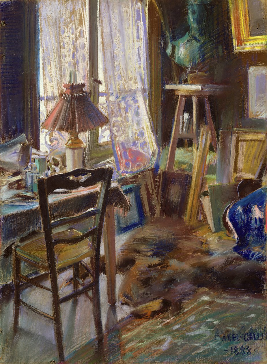 Studiet af Comte Deheaulme de Vallombreuse, 36 Rue Jouffrey, Paris 1888 (pastel) af Akseli Valdemar Gallen Kallela