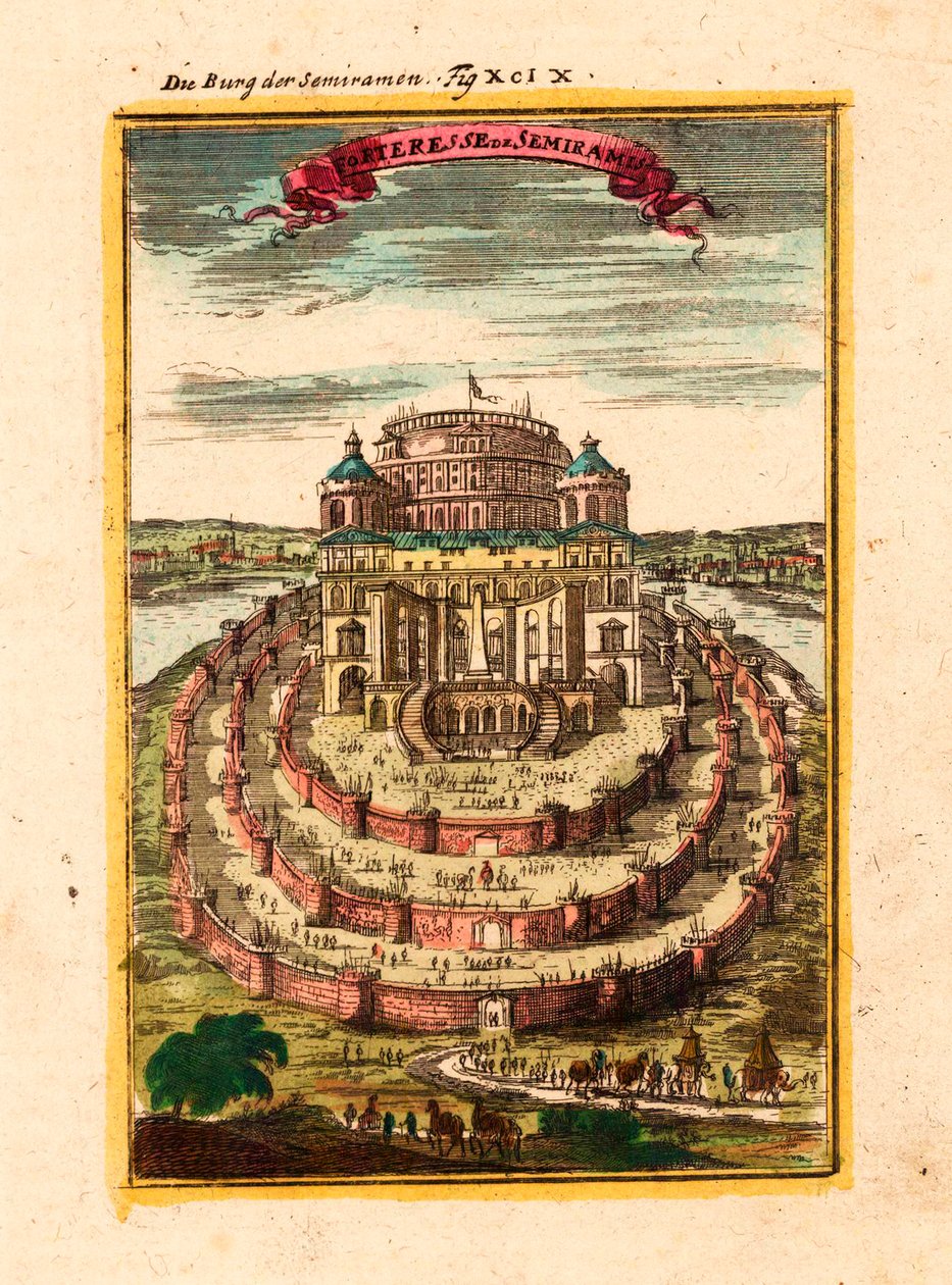 Den legendariske dronning Semiramis fæstning og hængende haver i Babylon - Semiramis fæstning - Kobberstik og akvarel af Alain Manesson Mallet (1630-1706) af Alain Manesson Mallet