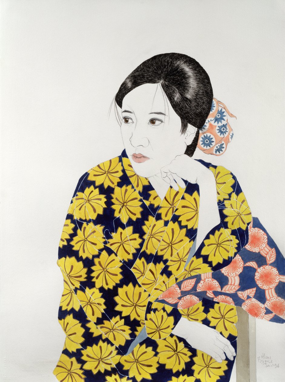 Gul Kimono, 1996 (blæk, wc, gouache og kul på papir) af Alan Byrne
