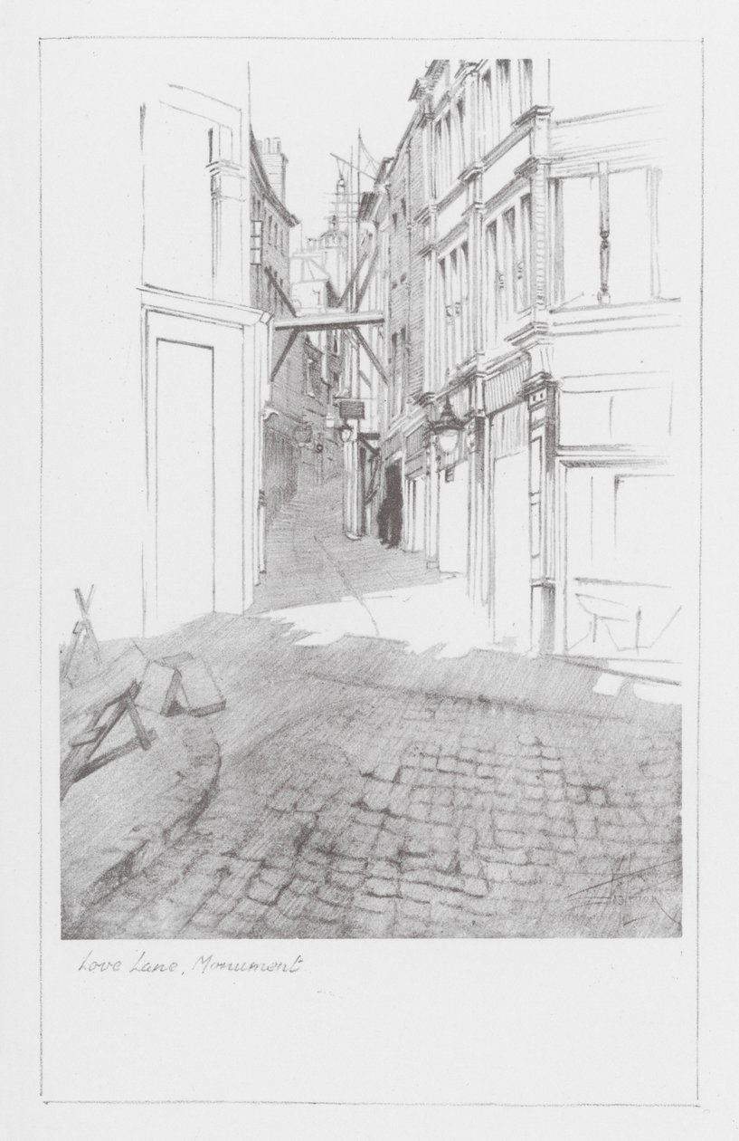 Gaderne i London: Love Lane, Monument (litografi) af Alan Stapleton