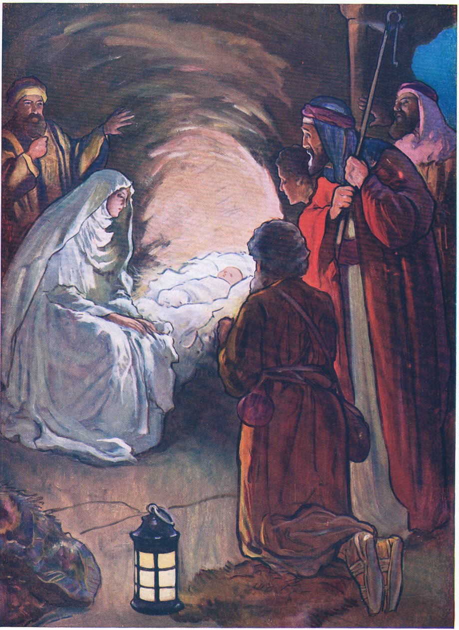 Jesusbarnet og hyrderne, fra The Bible Picture Book udgivet af Thomas Nelson, ca. 1950 (farvelitografi) af Alan & Stokes George Vernon (1873 1954) Wright