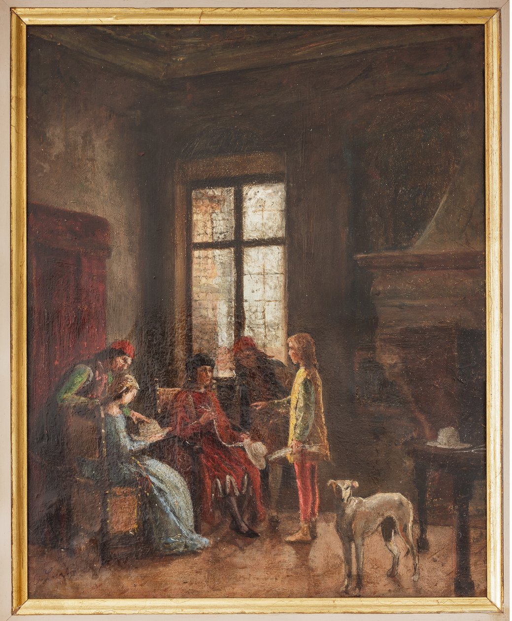 Nicolò Biondo viser sin samling af hatte til Alberto Pio (oliemaleri på zink) af Albano Lugli