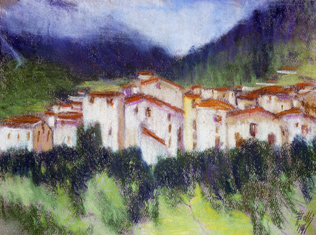 Alpelandskab, af Alberico Balbi Valier (1869-1910 ca.), pastel på papir, 24x32 cm. Italien af Alberico Balbi Valier