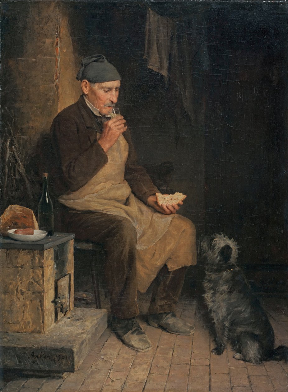 Gammel mand ved mellemmåltid af Albert Anker