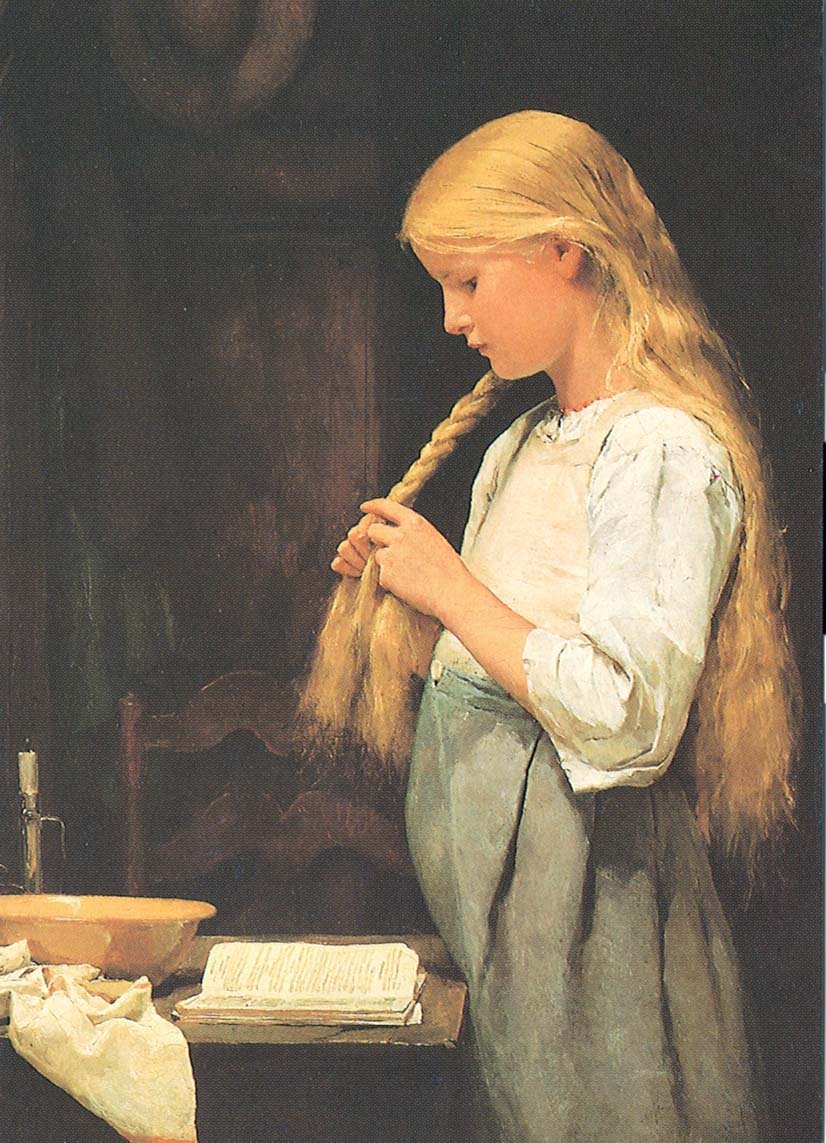 Pige, der fletter sit hår af Albert Anker