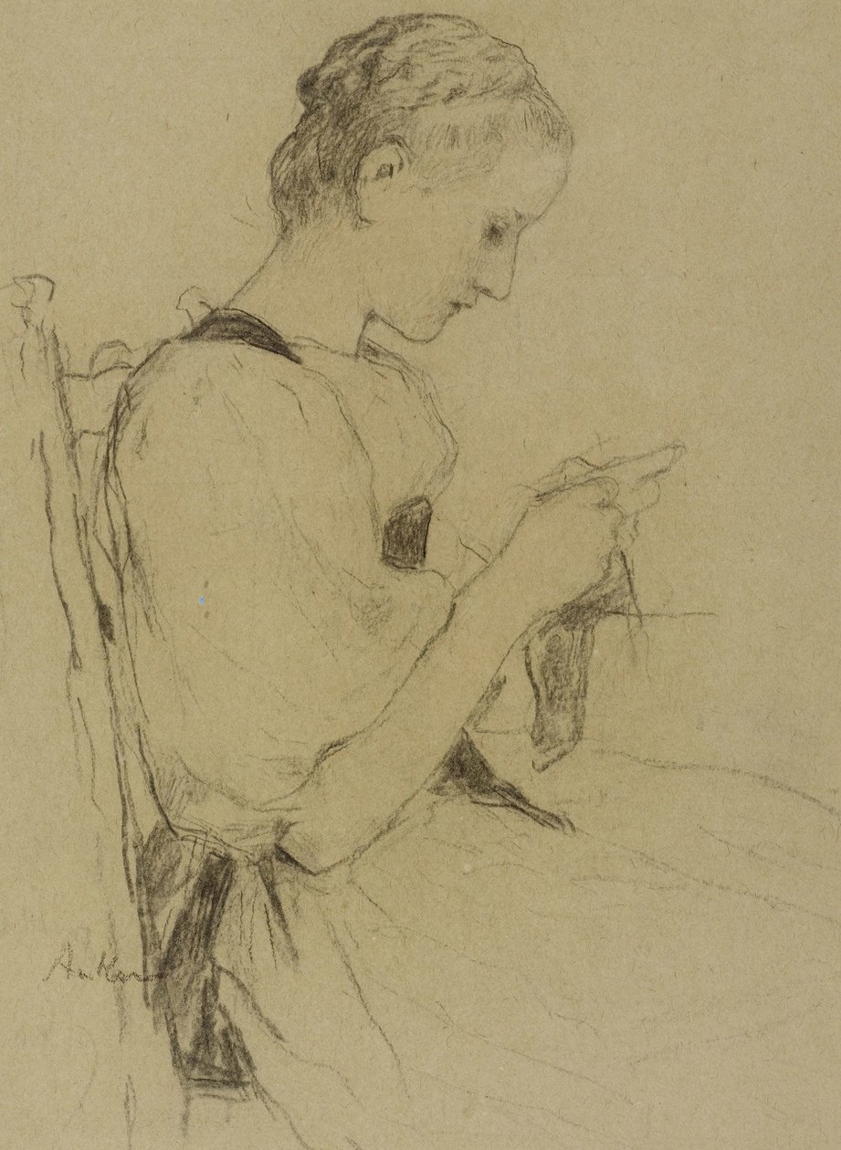Siddende pige mens du strikker af Albert Anker