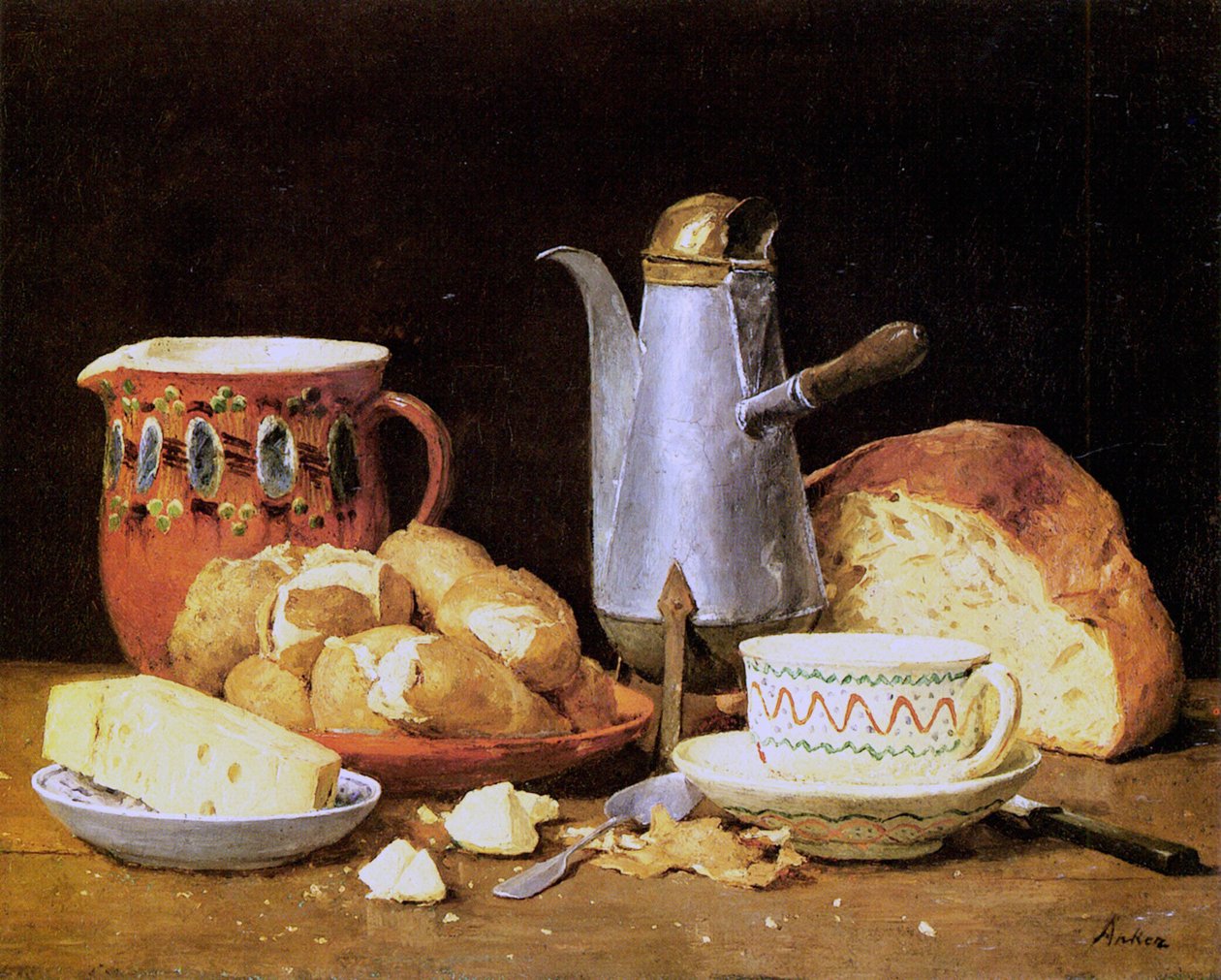 Stilleben med kaffe, brød og kartofler af Albert Anker