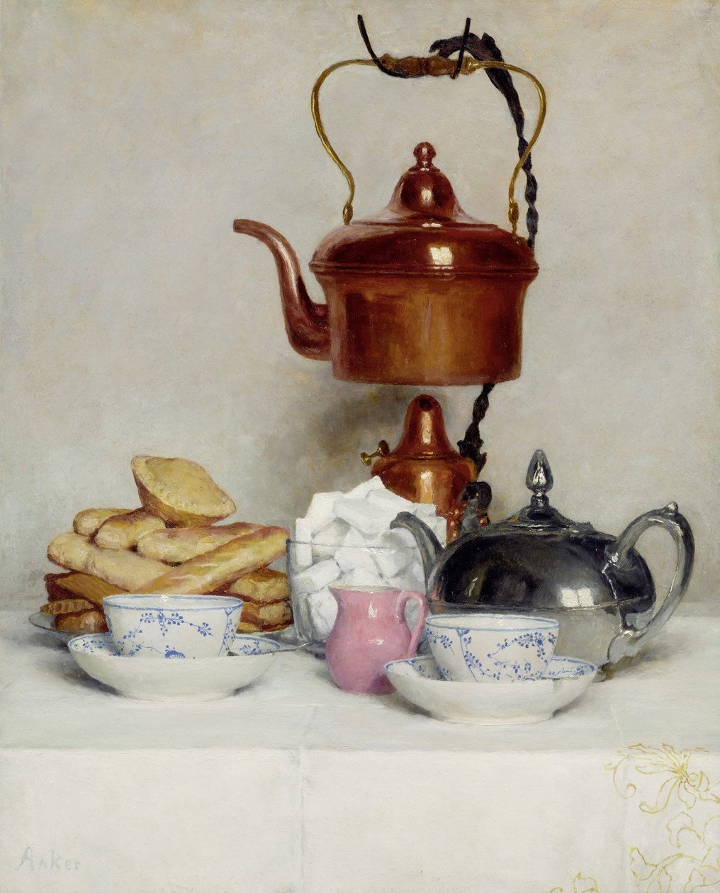 Still life tea service af Albert Anker