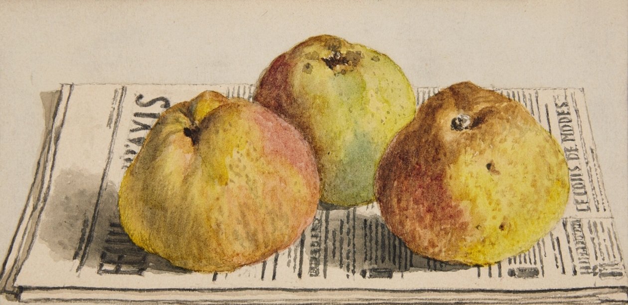 Stilleben med tre æbler og en avis af Albert Anker