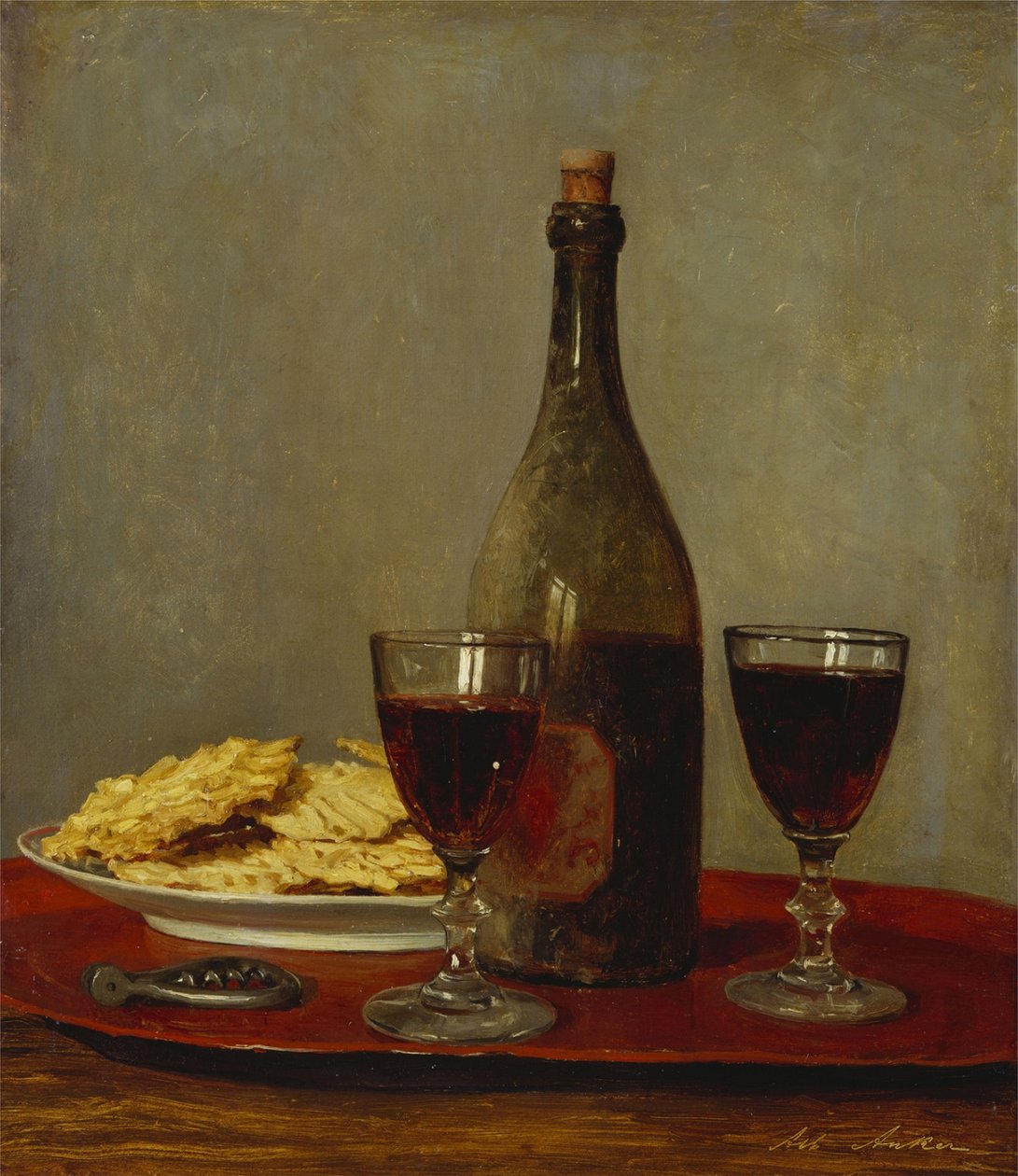 Stilleben med to rødvinsglas af Albert Anker