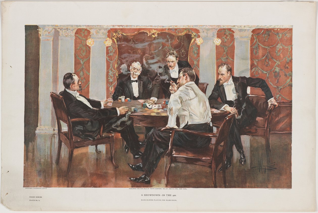 A Showdown - In the 400. Blue-Bloods Playing for Blue Chips, plade 6 fra en pokerserie, pub. af Truth Company, New York, 1895 af Albert Beck Wenzell