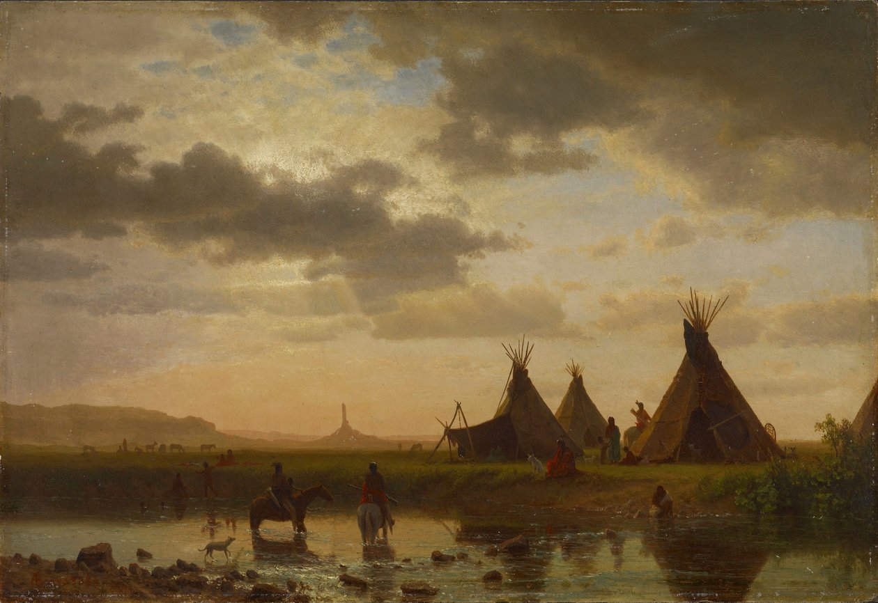 Udsigt over skorstenen, Ohalilah Sioux Village i forgrunden af Albert Bierstadt
