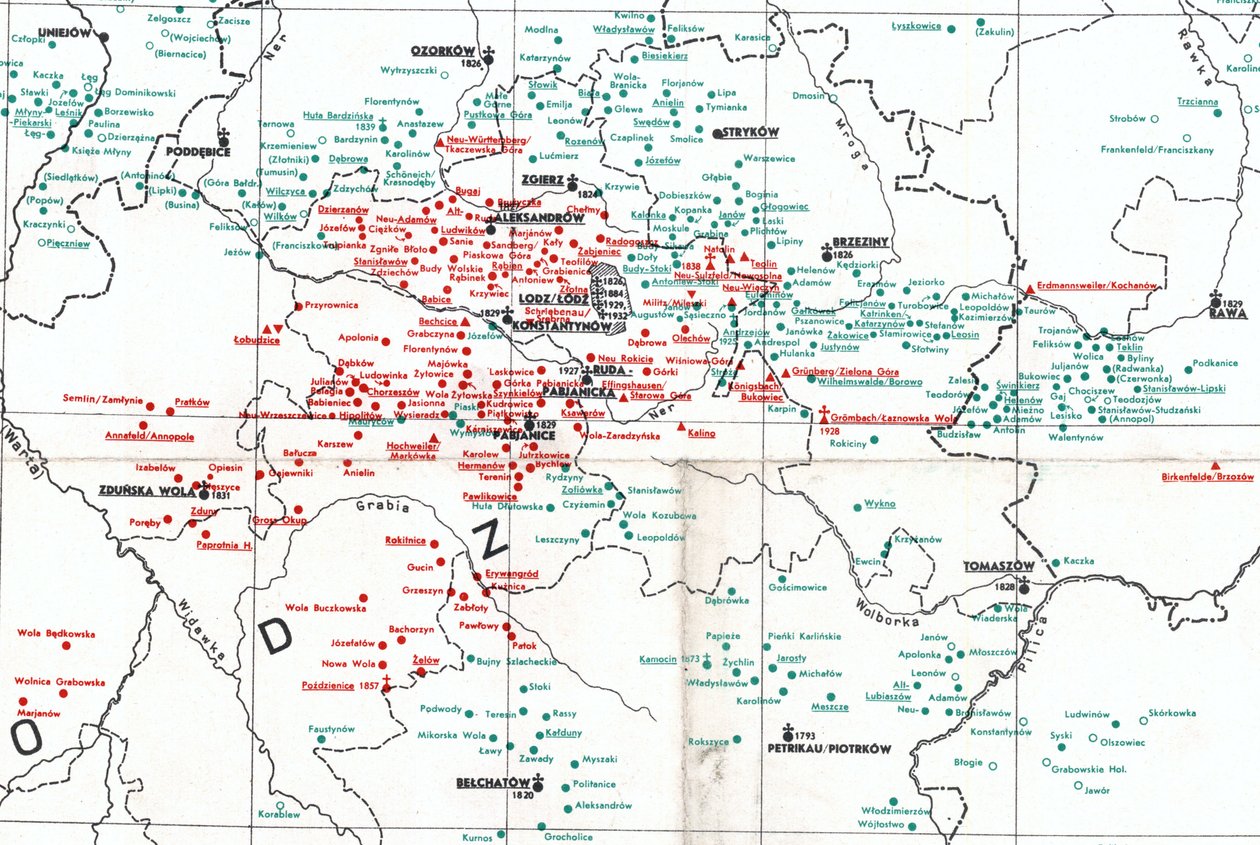 bosættelser i 1938 omkring Łódź mellem floderne Warta (W), Bzura (N) og Pilica (SE) af Albert Breyer