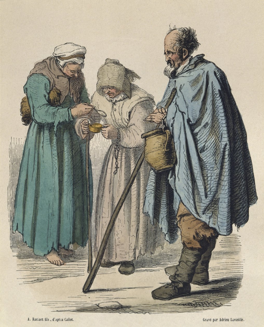 Tiggere, efter Jacques Callot (1592-1635), graveret af Adrien Lavieille (1818-62) (farvestik) af Albert Charles August Racinet