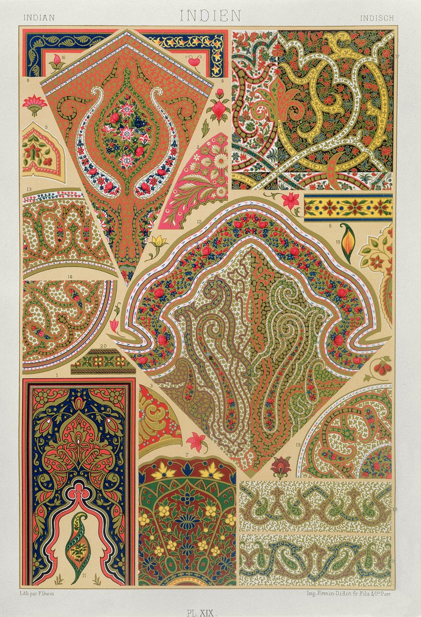 Indisk udsmykning, planche XIX fra "Polychrome Ornament", graveret af F. Durin, udgivet i Paris, 1869 af Albert Charles August Racinet