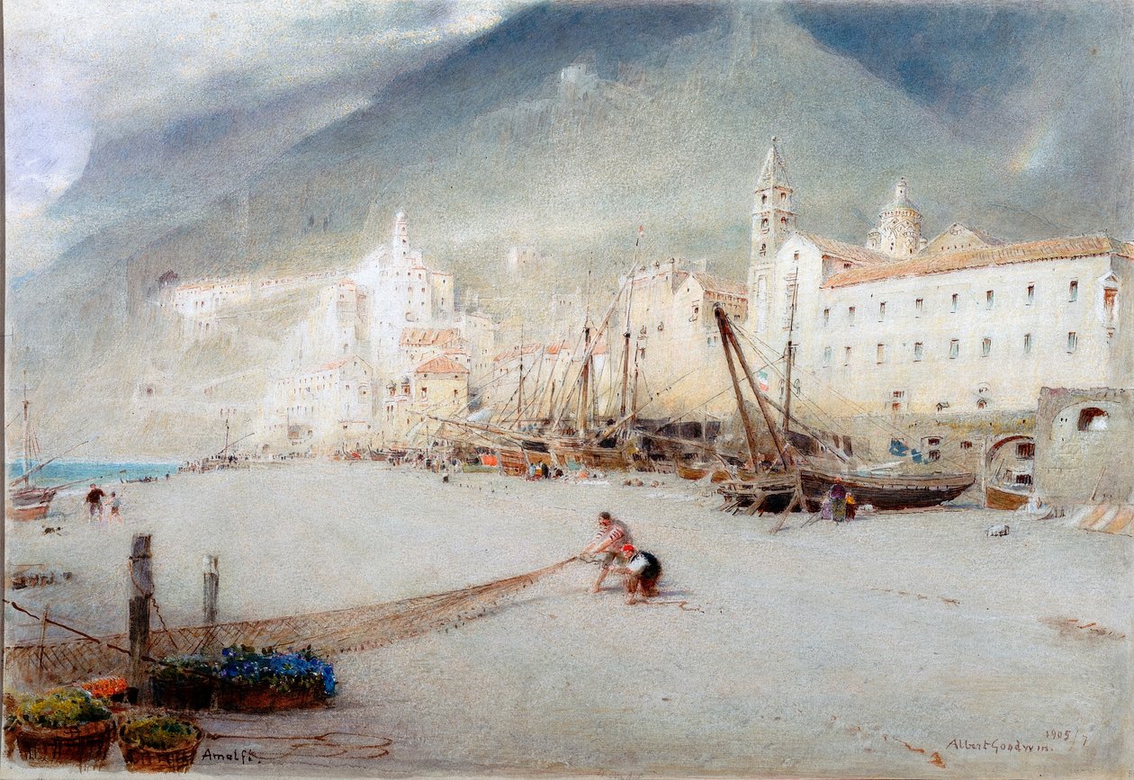 Amalfi (blyant og akvarel på papir (klisteret på bord)) af Albert Goodwin