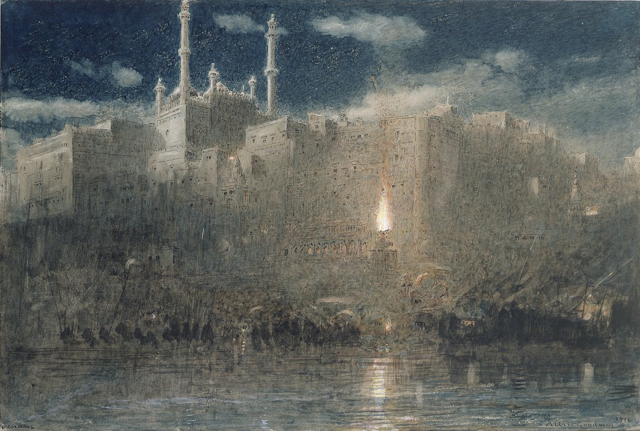 Benares by Moonlight, 1916 (pen og blæk med wc og bodycolour på papir) af Albert Goodwin