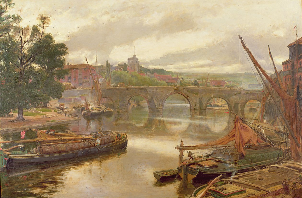 Den gamle bro, Maidstone, udsigt mod syd af Albert Goodwin