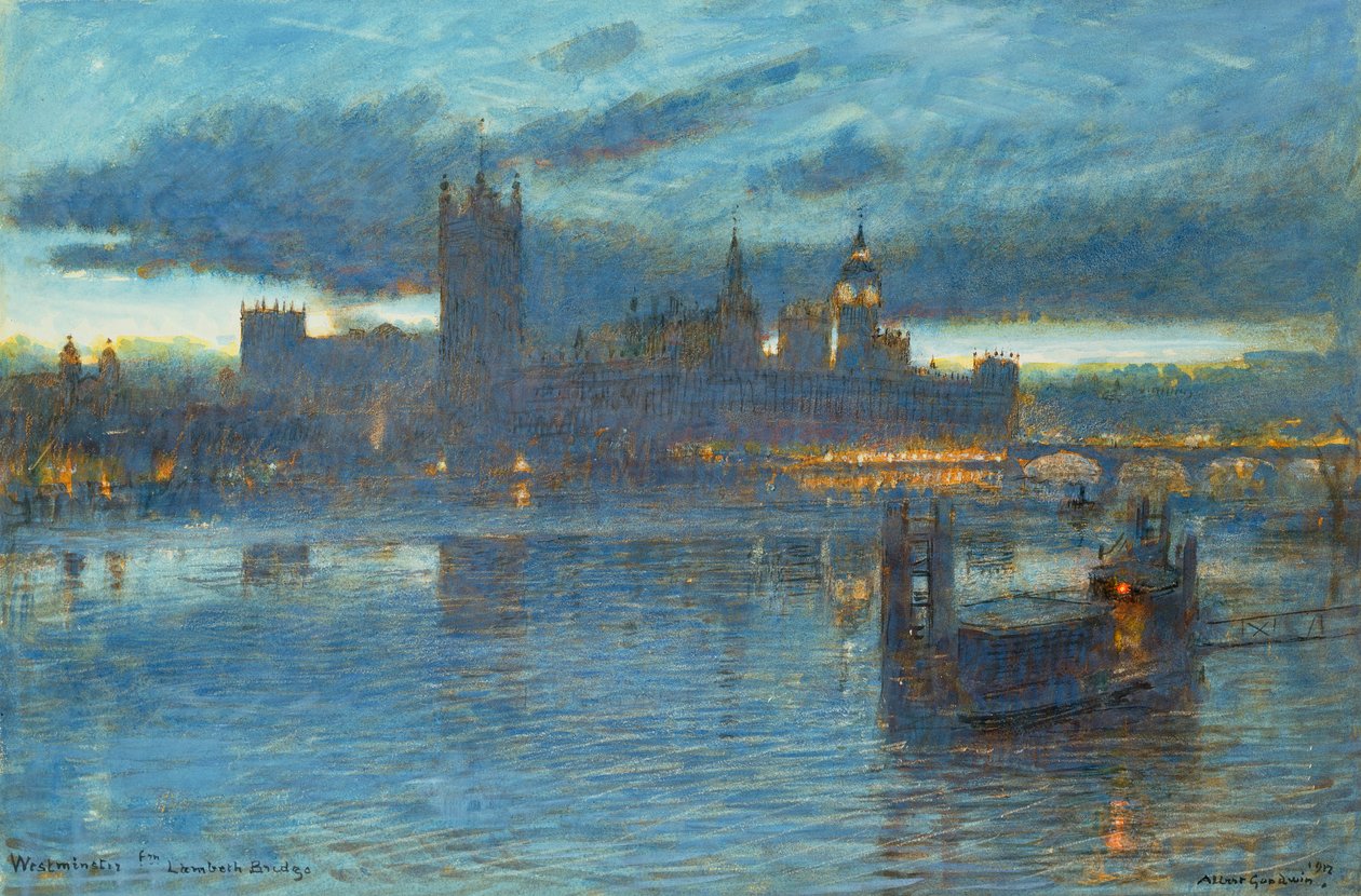 Westminster fra Lambeth Bridge, 1912 (pen & blæk med wc på papir) af Albert Goodwin