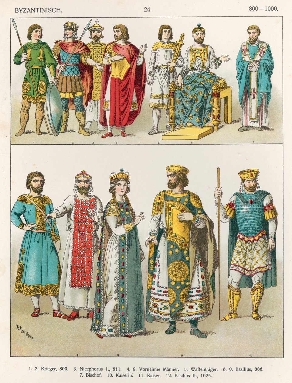 Byzantinsk hofklædning, 800-1000, fra "Trachten der Voelker", 1864 af Albert Kretschmer