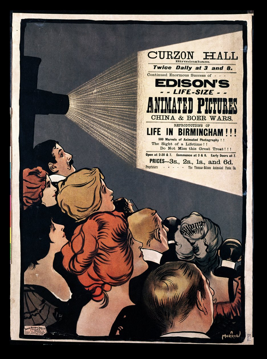 Plakat, der annoncerer Edisons Life Size Animated Pictures, Kina og Boer Wars i Curzon Hall, Birmingham af Albert Morrow