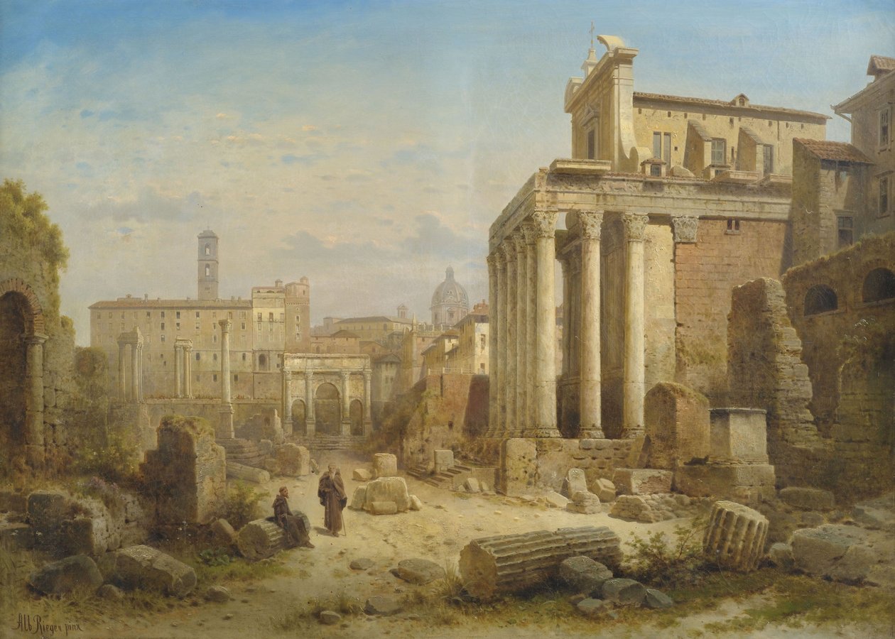 Udsigt over Forum Romanum med Arch af Septimius Severus og Faustinas og Antonius Pius 