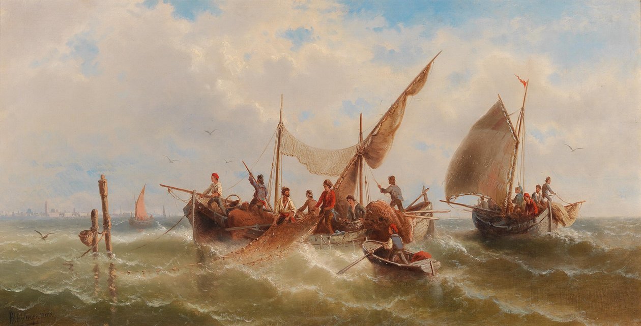 Fiskerbåde mod en venetiansk silhuet af Albert Rieger