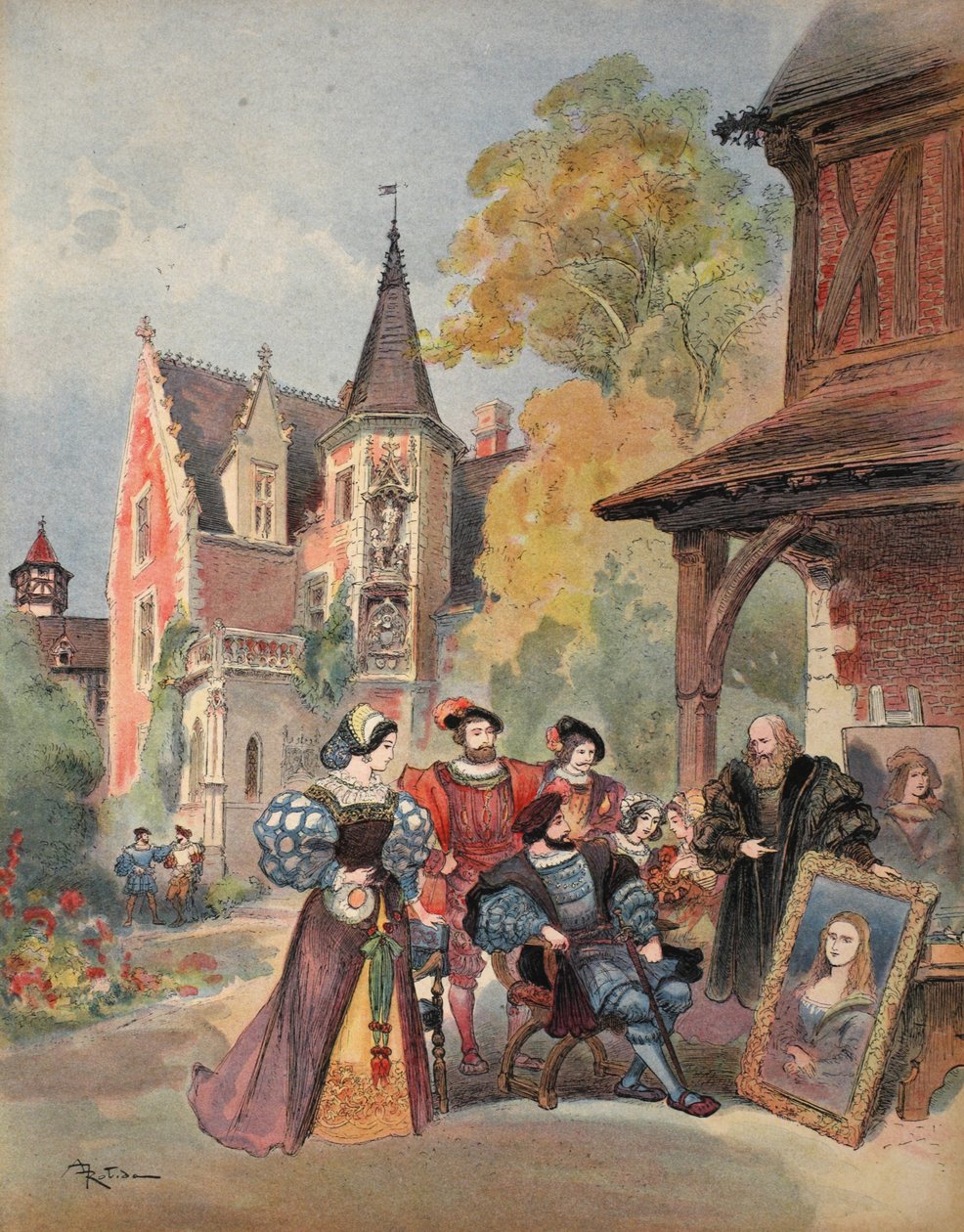 Leonardo da Vinci giver Mona Lisa til Frans I, illustration fra "Francois Ier: Le Roi Chevalier, af George G. Toudouze, udg. 1909 af Albert Robida