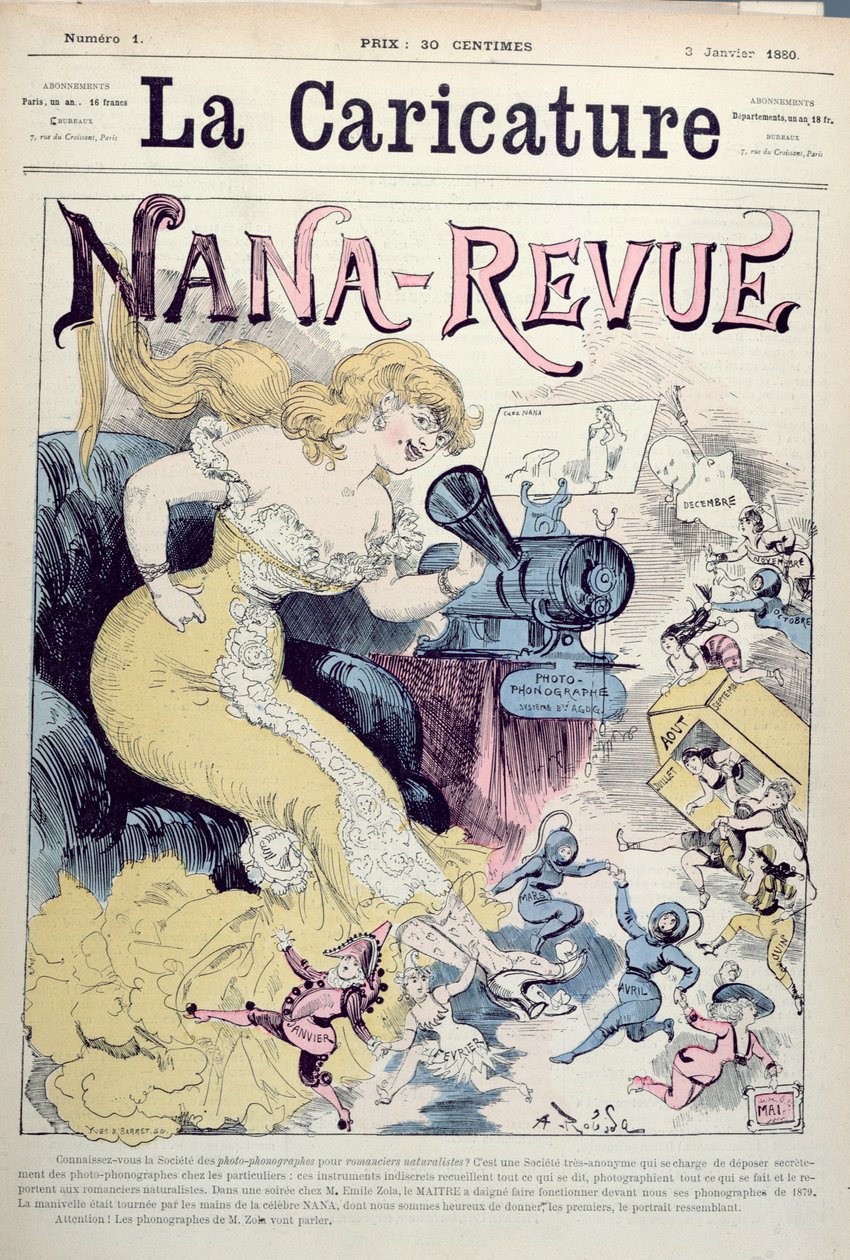 "Nana-Revue", karikatur af Emile Zolas værker og realistiske romaner, fra "La Caricature", 3. januar 1880 af Albert Robida