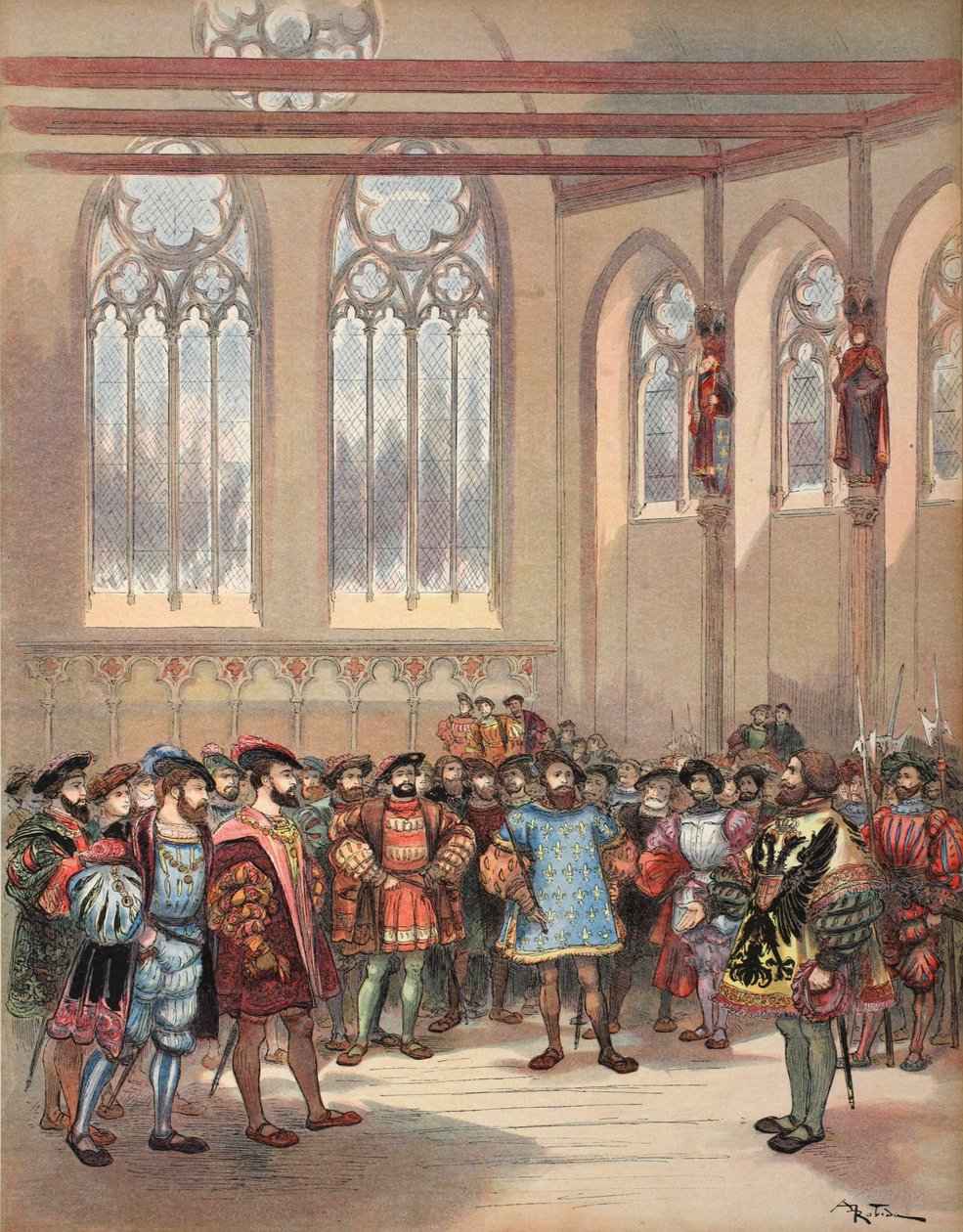 Bourgogne-herolden, sendt af Charles V, modtaget af Frans I i parlamentets store sal, illustration fra 