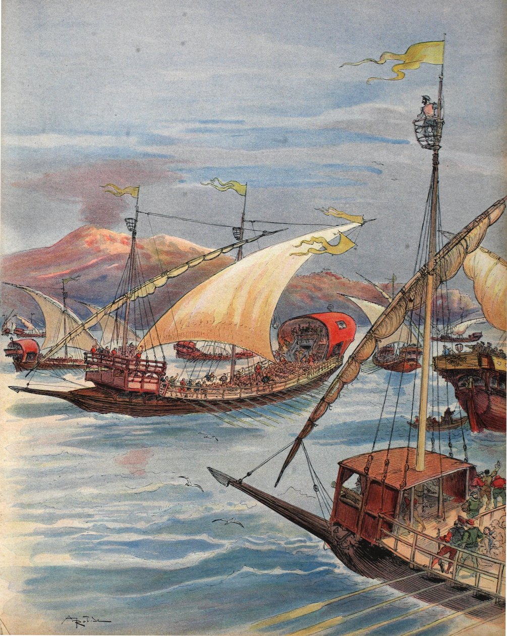 Doria-flåden, Napoli, illustration fra "Francois Ier: Le Roi Chevalier, af George G. Toudouze, udg. 1909 af Albert Robida
