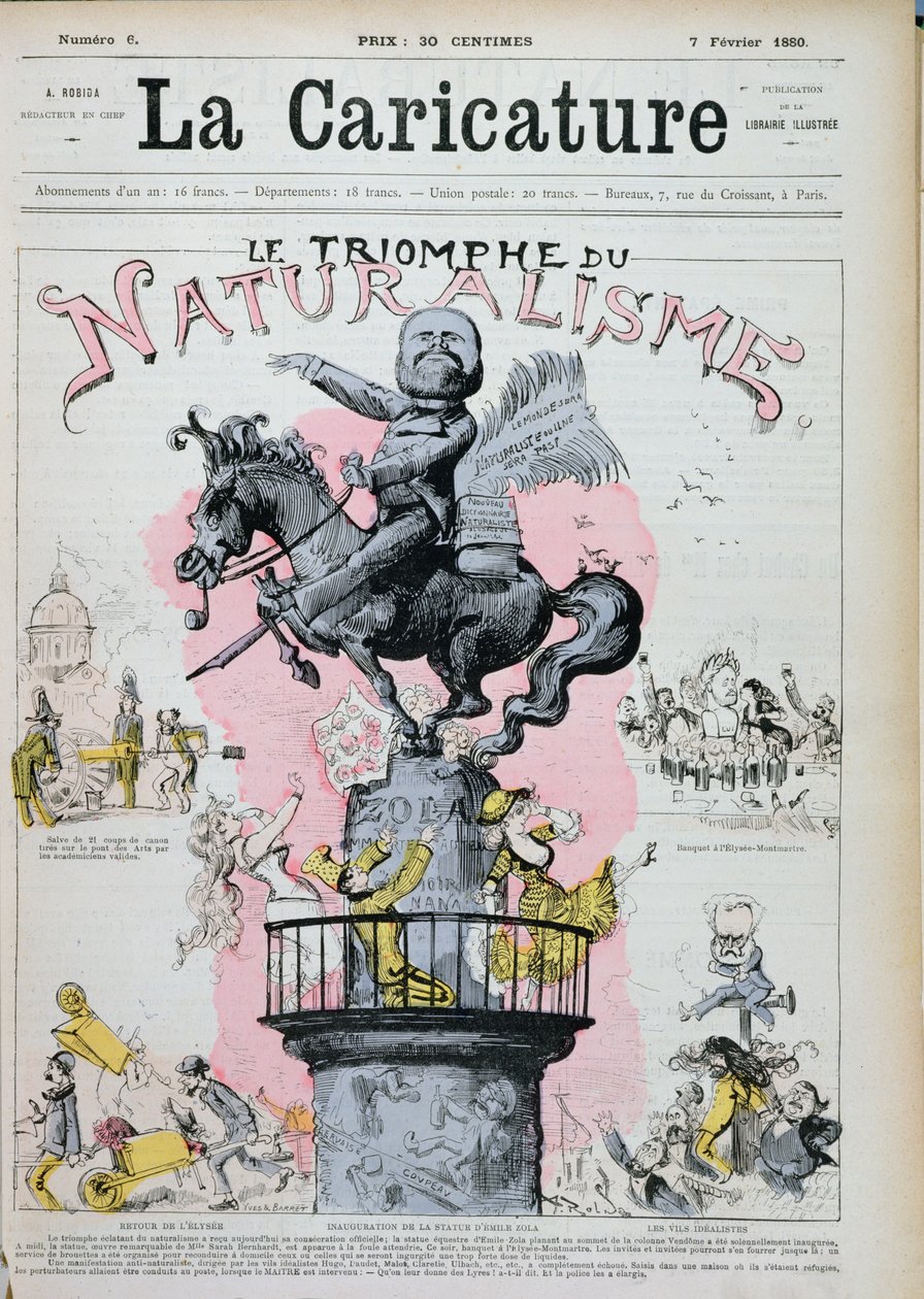 "Naturalismens triumf", karikatur af Emile Zola (1840-1902), illustration fra "La Caricature", 7. februar 1880 af Albert Robida