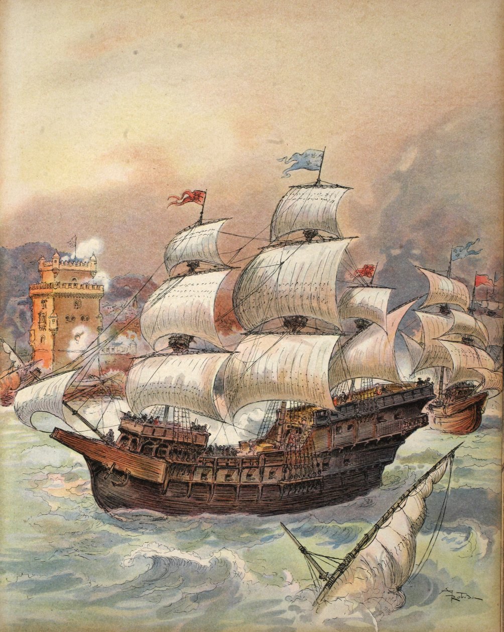 Jean Angos flåde blokerer truslen fra Tejo og Lissabon, illustration fra "Francois Ier: Le Roi Chevalier, af George G. Toudouze, udg. 1909 af Albert Robida