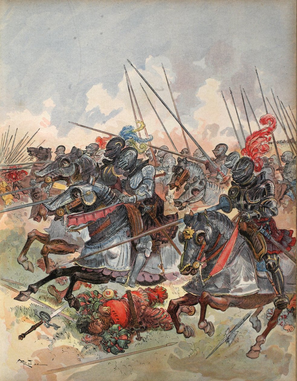 Gendarmeriet dækker artilleri i slaget ved Pavia, illustration fra "Francois Ier: Le Roi Chevalier, af George G. Toudouze, udg. 1909 af Albert Robida